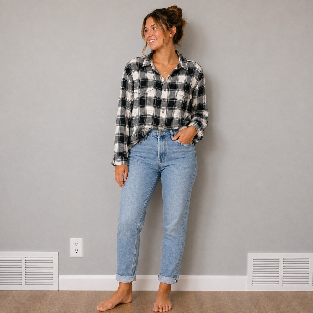 Lucky Brand Womens XL Black White Plaid Cotton Button Down Cropped Flannel Shirt